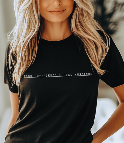 Book Boyfriends & Real Husbands Tee, Funny Shirt for Readers, Gift for Book Lovers, Literary Humor T-Shirt, Funny BookTok Mom T-Shirt – "Tired But Reading" Bookish Mama Tee for Readers