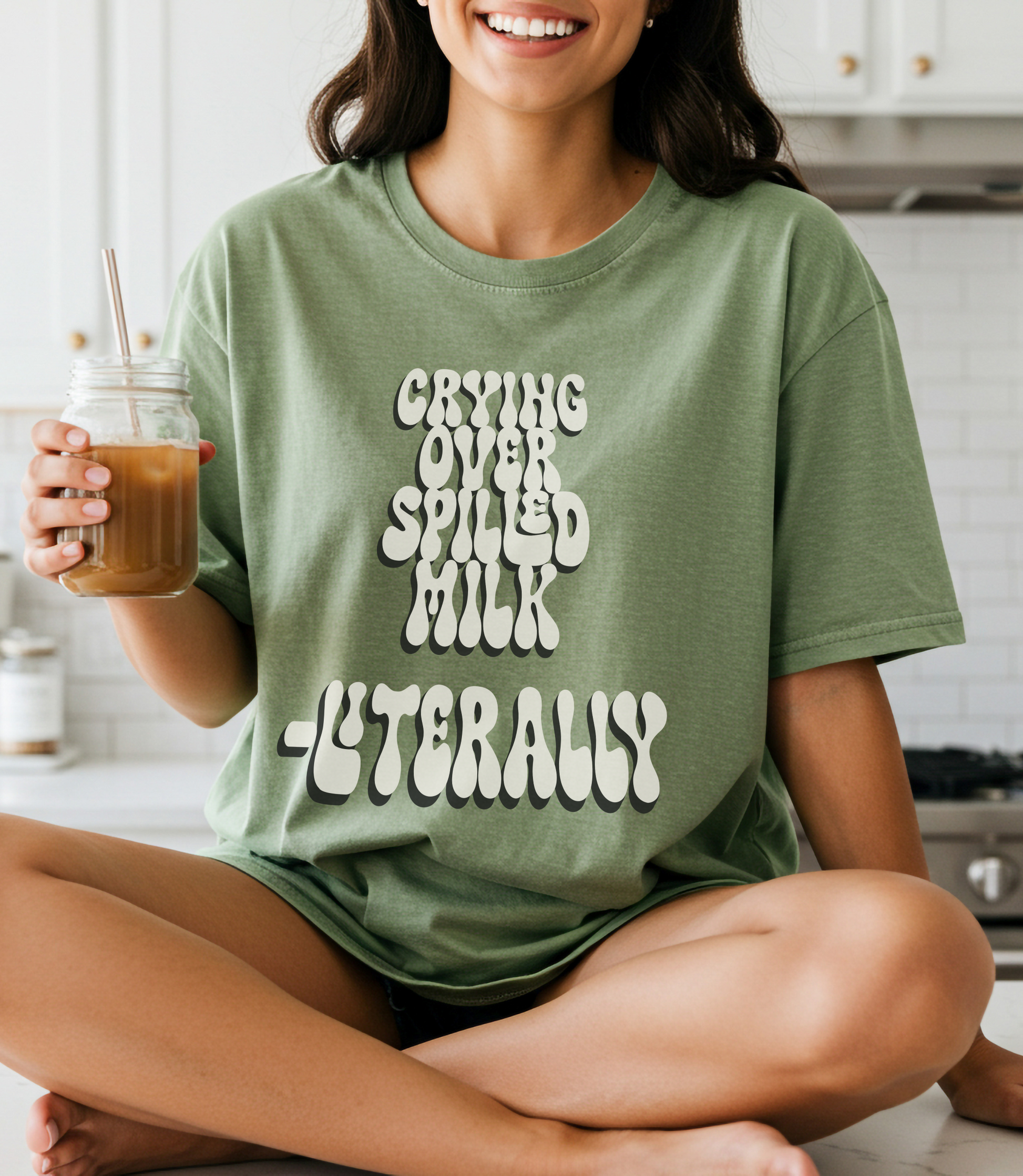Crying Over Spilled Milk Literally - Postpartum Mom Shirt – Real + Relatable "Surviving Not Thriving" New Mom Tee, Gift for Friends, Birthday Gift, Everyday Wear, Quote Shirt